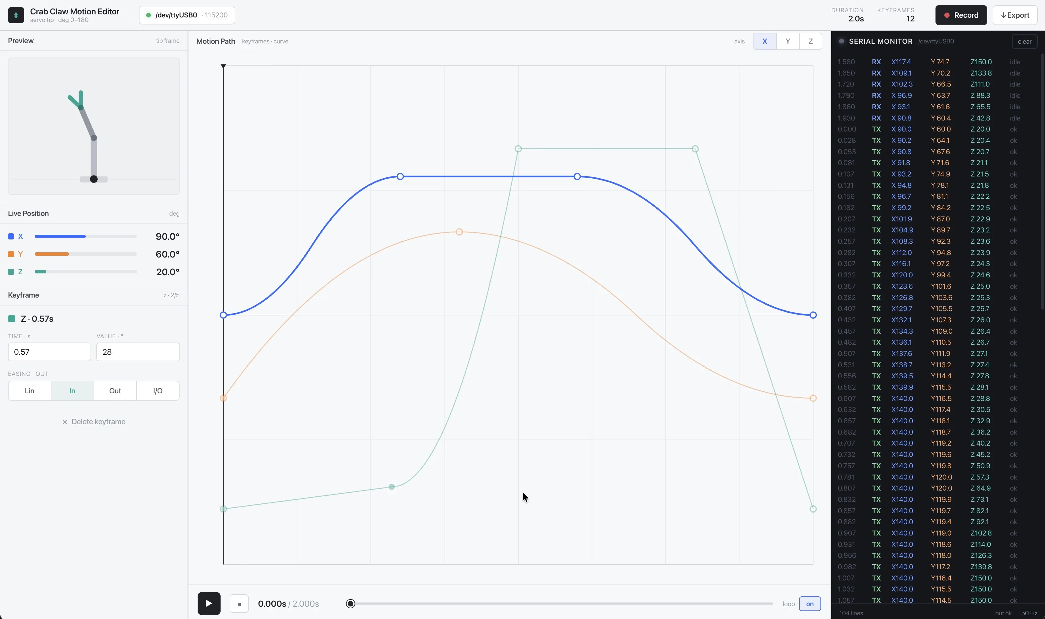 The custom motion-tuning tool used to author and refine the claw's motion path